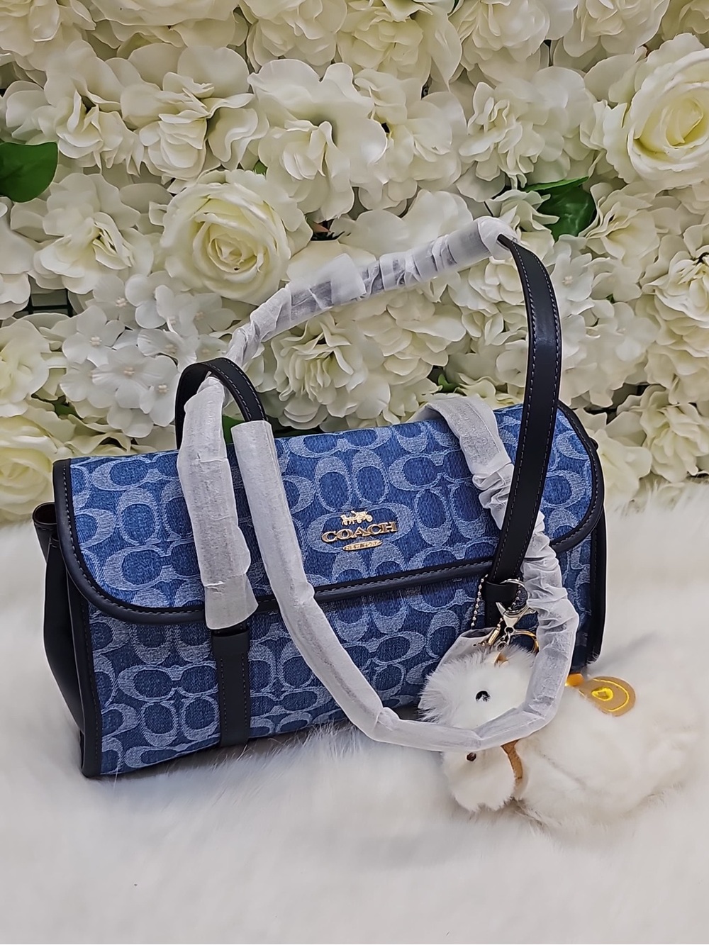 Coach Blue Denim Signature Monogram Shoulder Bag with Black Trim